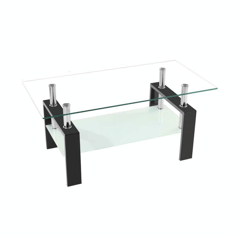 Black Rectangular Glass Coffee Center Table Shelf Living Room Furniture