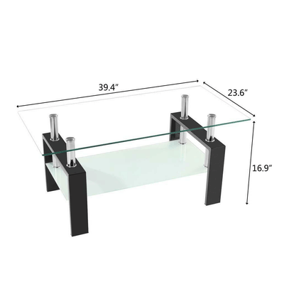 Black Rectangular Glass Coffee Center Table Shelf Living Room Furniture