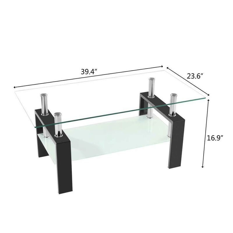 Black Rectangular Glass Coffee Center Table Shelf Living Room Furniture