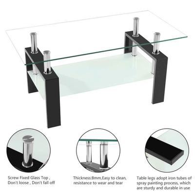 Black Rectangular Glass Coffee Center Table Shelf Living Room Furniture