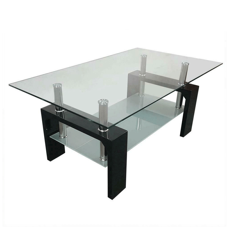 Black Rectangular Glass Coffee Center Table Shelf Living Room Furniture