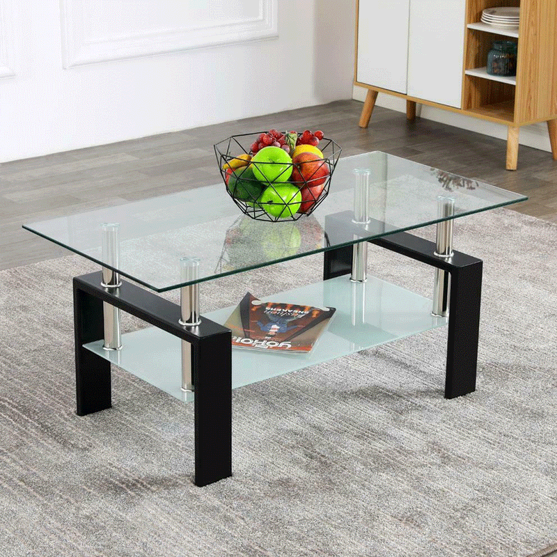 Black Rectangular Glass Coffee Center Table Shelf Living Room Furniture