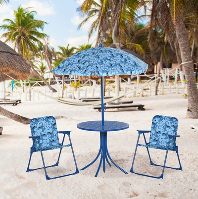 Kids Folding Picnic Table and Chair Set Outdoor Garden Patio Backyard Double Chair with Removable Sun Umbrella