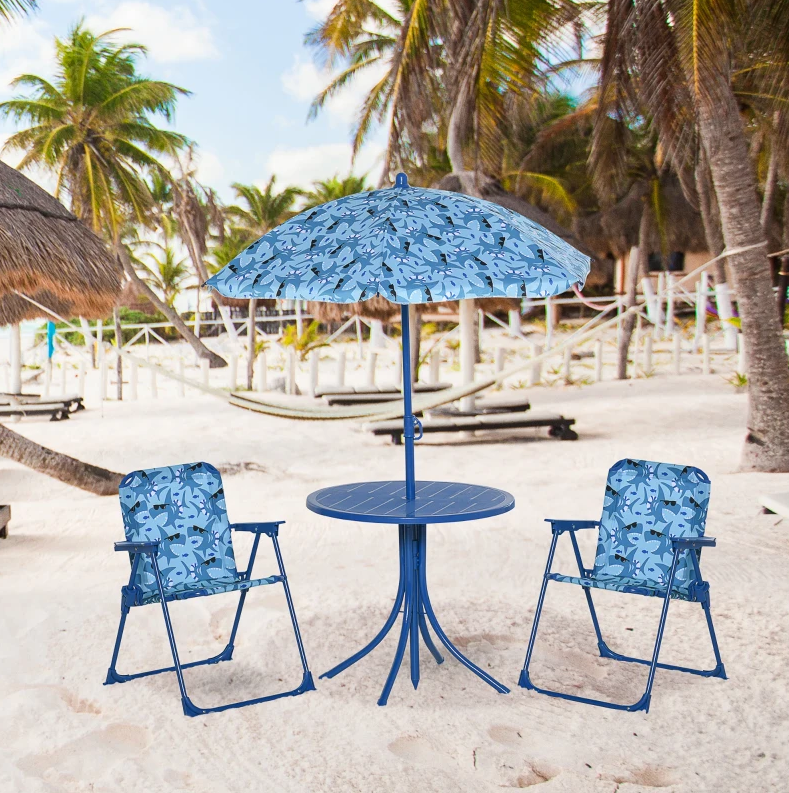 Kids Folding Picnic Table and Chair Set Outdoor Garden Patio Backyard Double Chair with Removable Sun Umbrella