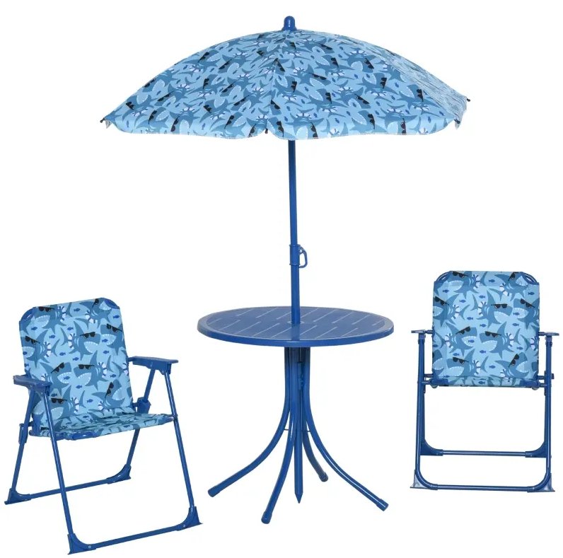 Kids Folding Picnic Table and Chair Set Outdoor Garden Patio Backyard Double Chair with Removable Sun Umbrella
