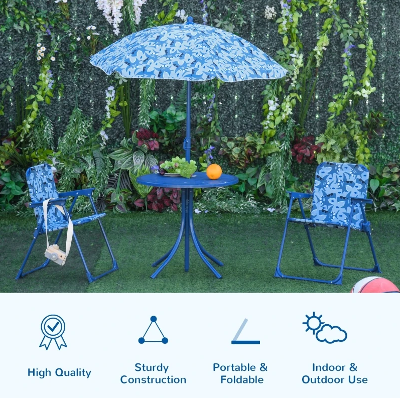 Kids Folding Picnic Table and Chair Set Outdoor Garden Patio Backyard Double Chair with Removable Sun Umbrella