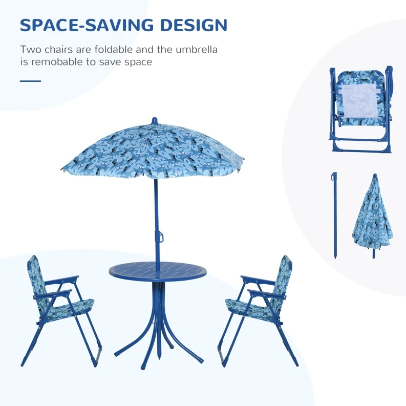 Kids Folding Picnic Table and Chair Set Outdoor Garden Patio Backyard Double Chair with Removable Sun Umbrella