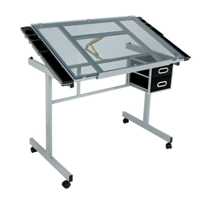 Adjustable Rolling Drawing Drafting Desk Table Tempered Glass Arts and Crafts Workstation