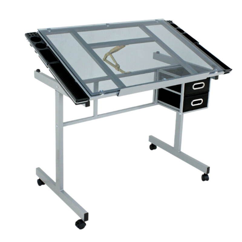 Adjustable Rolling Drawing Drafting Desk Table Tempered Glass Arts and Crafts Workstation