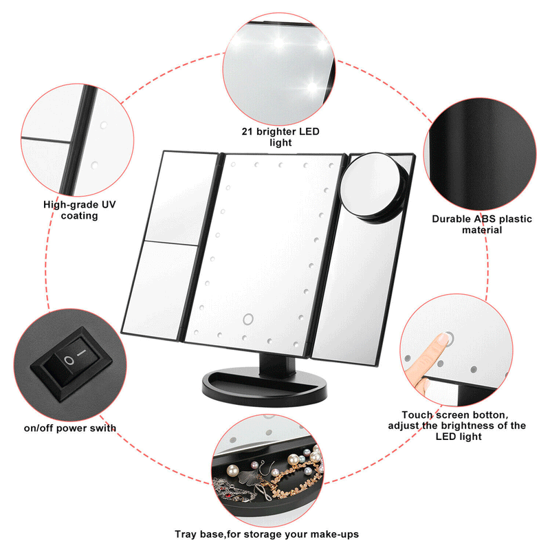 Vanity Travel Makeup Mirror 22 LED Light UP Tri-Fold Dressing Table Mirror