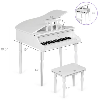 Kids Mini Wooden Grand Piano Keyboard with Piano Bench Music Rack Song Book and Stickers