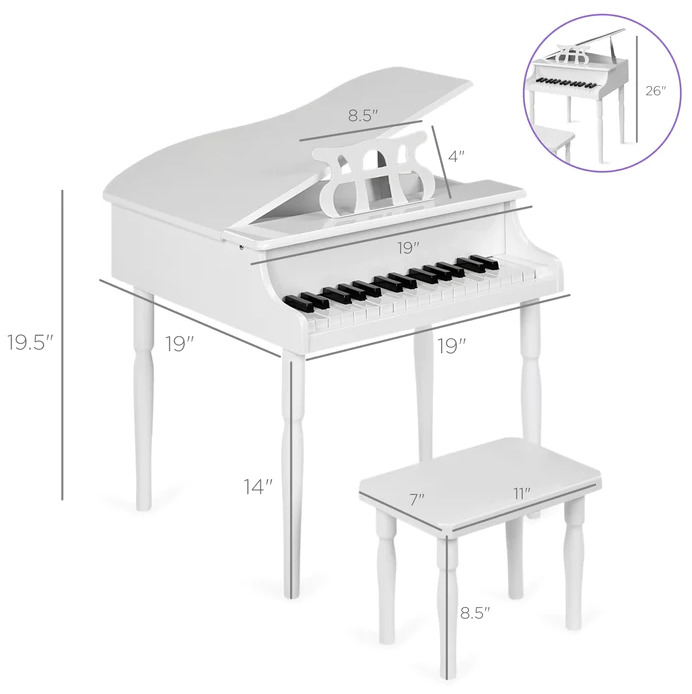 Kids Mini Wooden Grand Piano Keyboard with Piano Bench Music Rack Song Book and Stickers