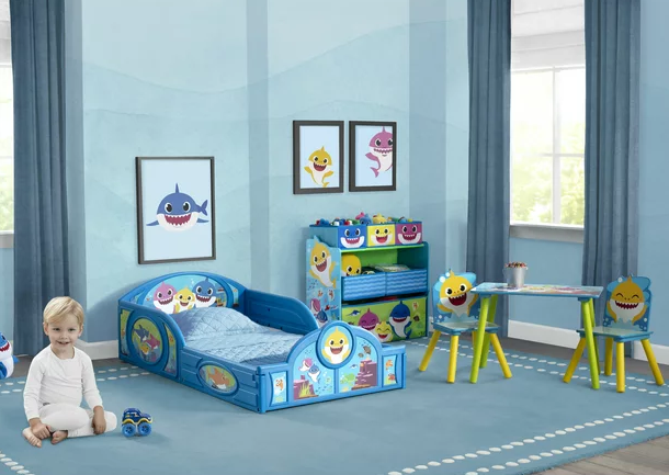 Baby Shark Plastic Sleep and Play Toddler Bed with Attached Guardrails
