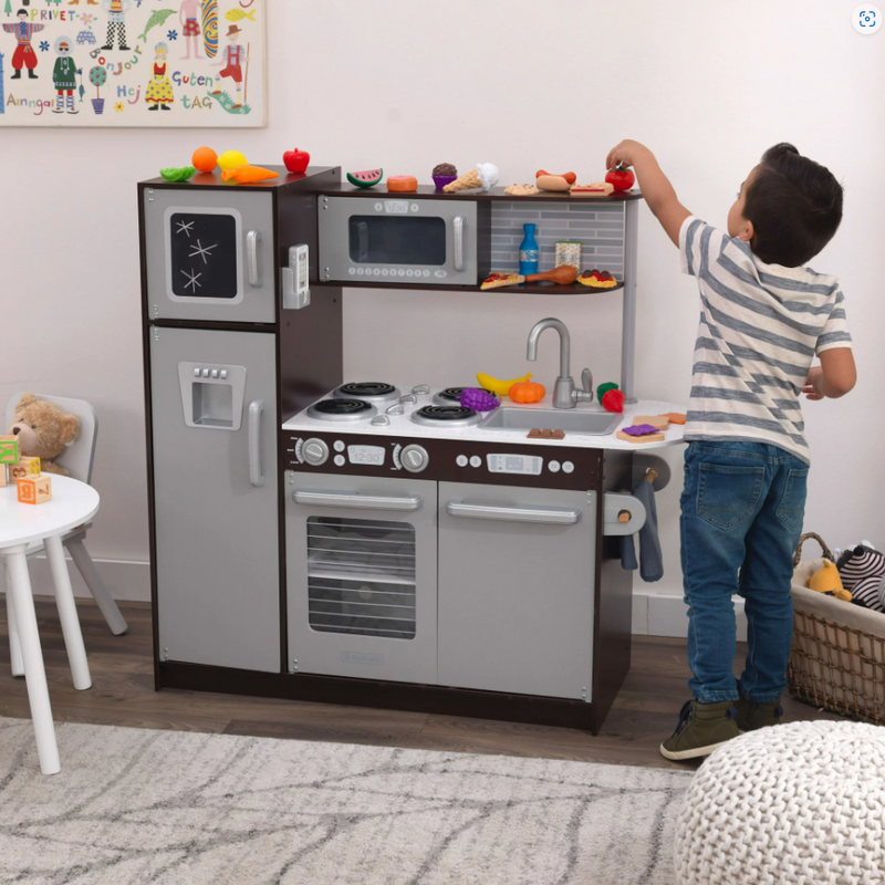 Wooden Toy Play Kitchen with 30 Pcs Play Kitchen Food Accessories