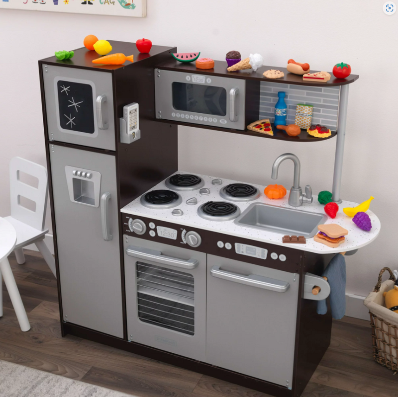 Wooden Toy Play Kitchen with 30 Pcs Play Kitchen Food Accessories