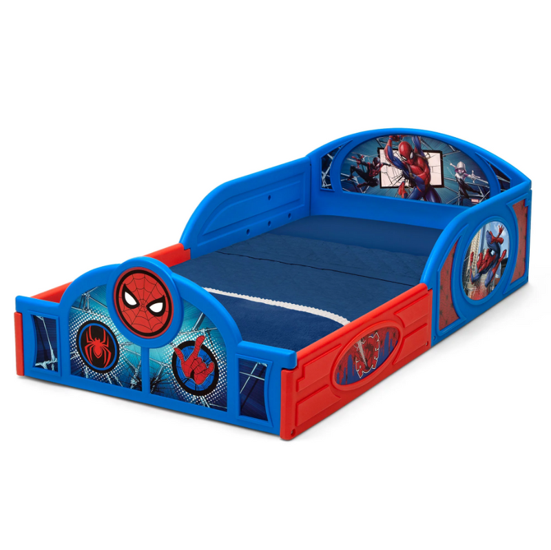 Marvel Spider Man Sleep and Play Toddler Bed, Kid’s Plastic Bed with Built-In Guardrails