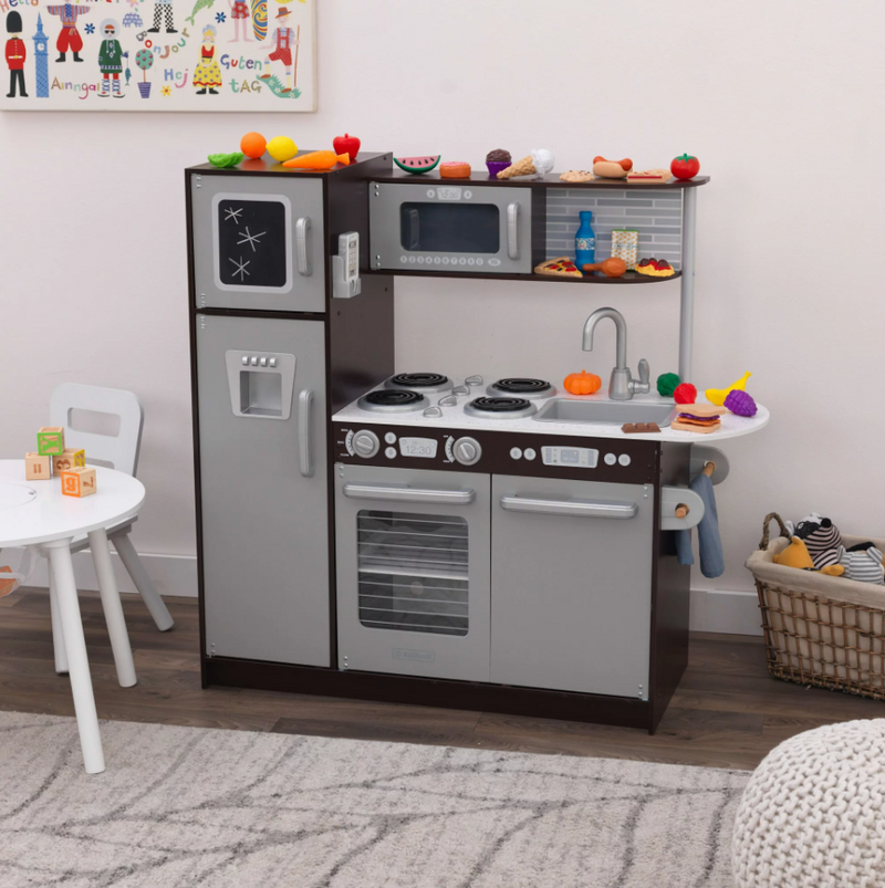 Wooden Toy Play Kitchen with 30 Pcs Play Kitchen Food Accessories