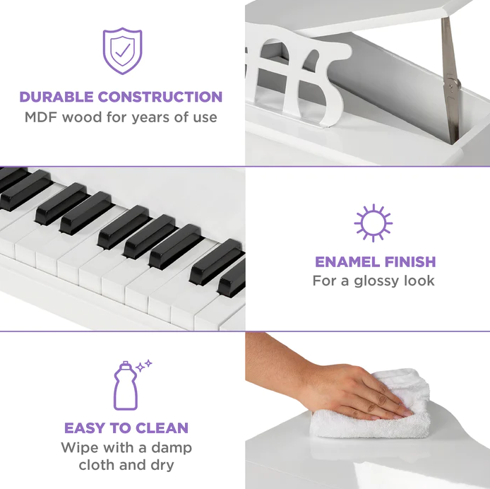Kids Mini Wooden Grand Piano Keyboard with Piano Bench Music Rack Song Book and Stickers