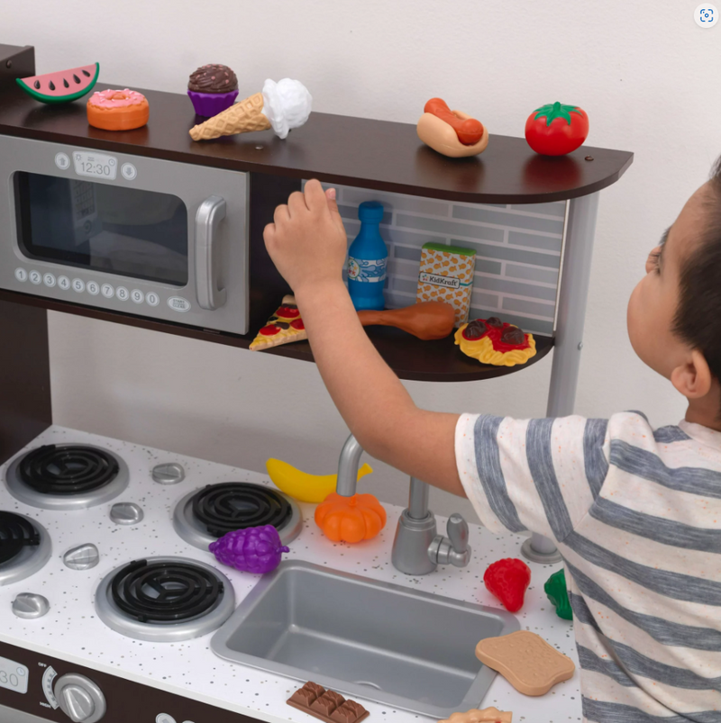 Wooden Toy Play Kitchen with 30 Pcs Play Kitchen Food Accessories