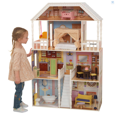 4 Ft Wooden Dollhouse with Porch Swing Classic Miniature House Pretend Play