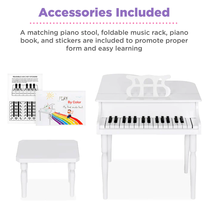 Kids Mini Wooden Grand Piano Keyboard with Piano Bench Music Rack Song Book and Stickers
