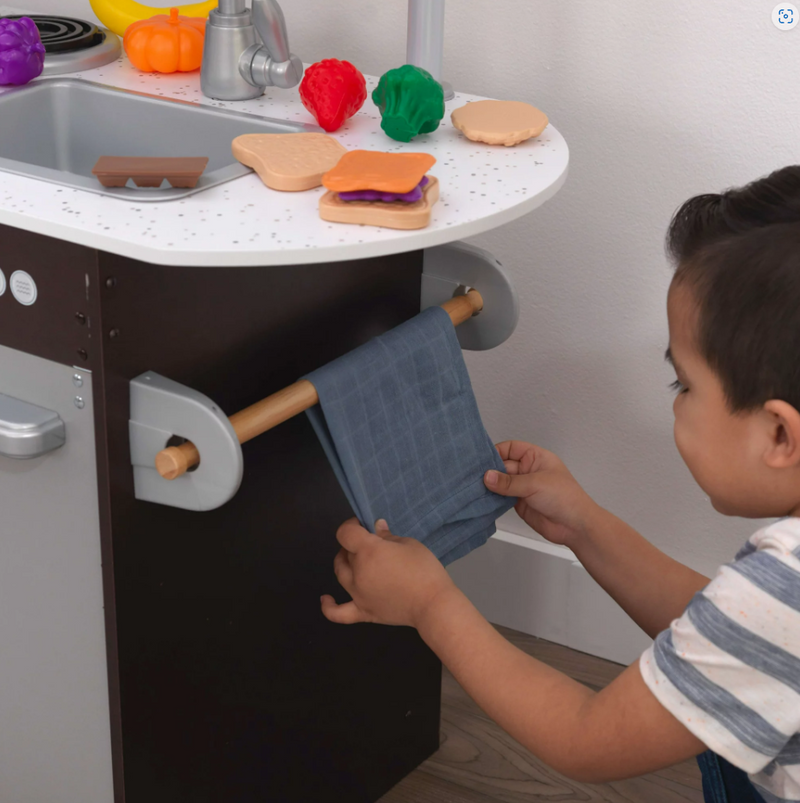 Wooden Toy Play Kitchen with 30 Pcs Play Kitchen Food Accessories