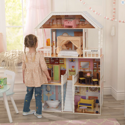 4 Ft Wooden Dollhouse with Porch Swing Classic Miniature House Pretend Play