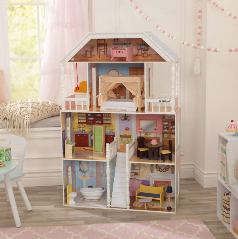4 Ft Wooden Dollhouse with Porch Swing Classic Miniature House Pretend Play