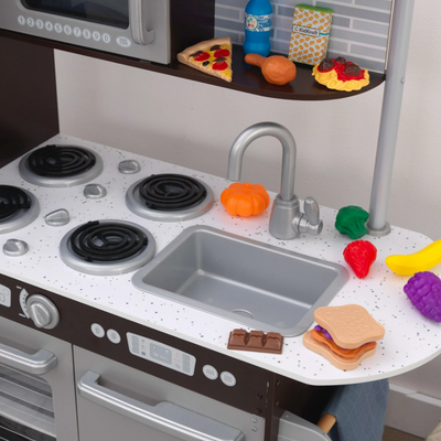Wooden Toy Play Kitchen with 30 Pcs Play Kitchen Food Accessories