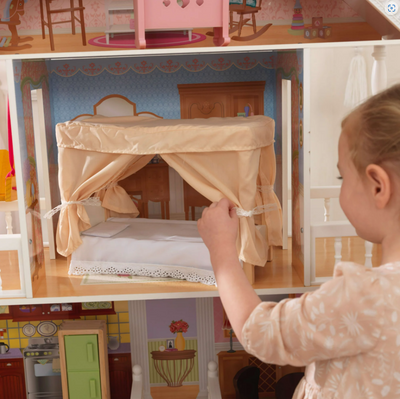 4 Ft Wooden Dollhouse with Porch Swing Classic Miniature House Pretend Play