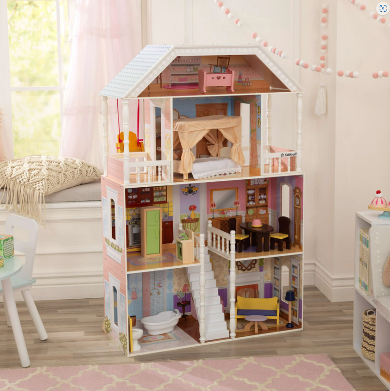 4 Ft Wooden Dollhouse with Porch Swing Classic Miniature House Pretend Play