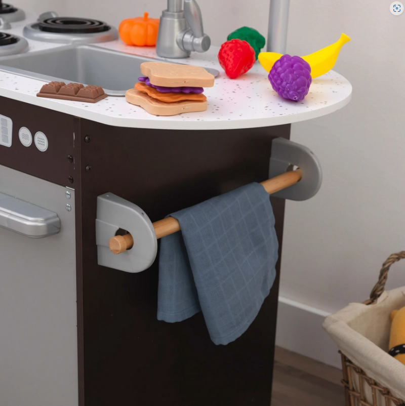 Wooden Toy Play Kitchen with 30 Pcs Play Kitchen Food Accessories
