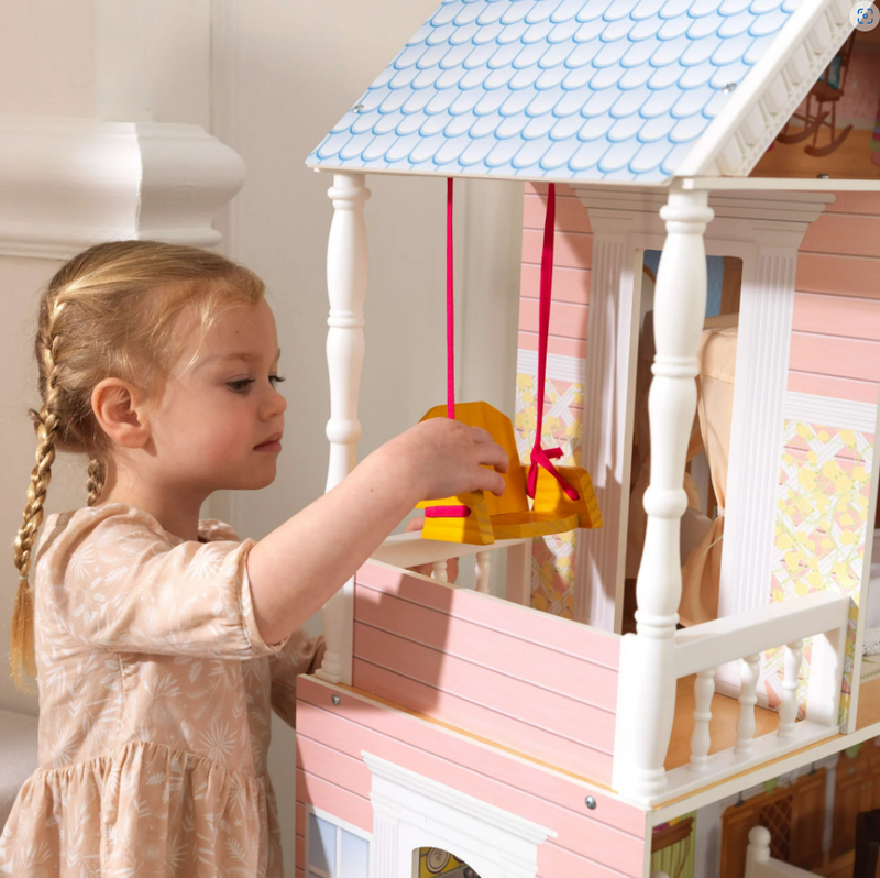 4 Ft Wooden Dollhouse with Porch Swing Classic Miniature House Pretend Play