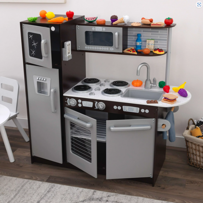 Wooden Toy Play Kitchen with 30 Pcs Play Kitchen Food Accessories