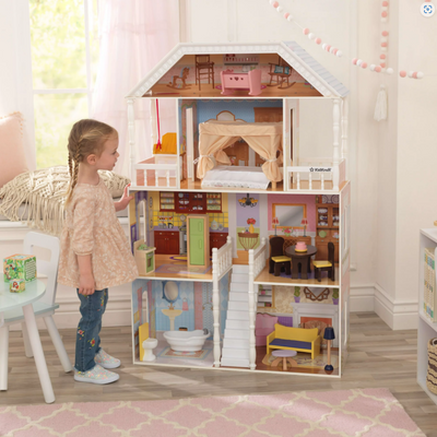 4 Ft Wooden Dollhouse with Porch Swing Classic Miniature House Pretend Play