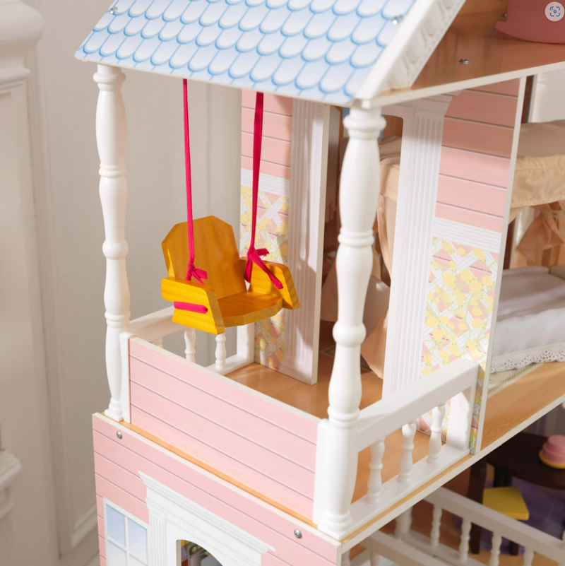 4 Ft Wooden Dollhouse with Porch Swing Classic Miniature House Pretend Play