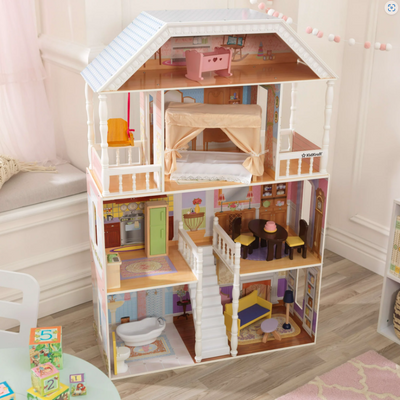 4 Ft Wooden Dollhouse with Porch Swing Classic Miniature House Pretend Play