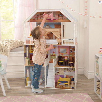 4 Ft Wooden Dollhouse with Porch Swing Classic Miniature House Pretend Play