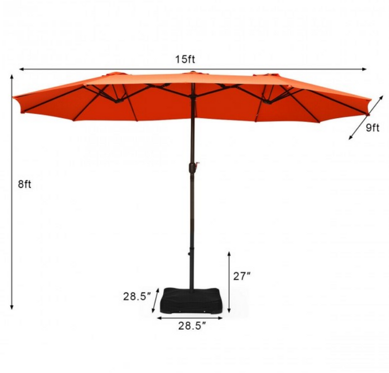 15 Ft Extra Large Patio Double Sided Umbrella with Crank and Base