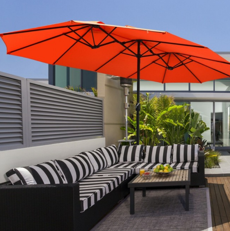 15 Ft Extra Large Patio Double Sided Umbrella with Crank and Base