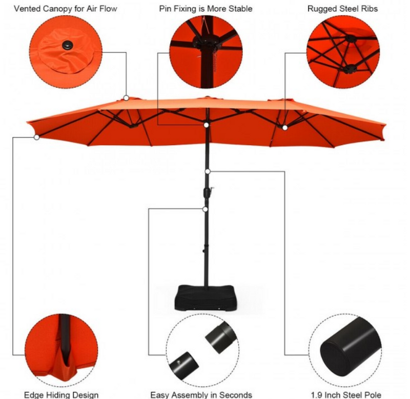15 Ft Extra Large Patio Double Sided Umbrella with Crank and Base