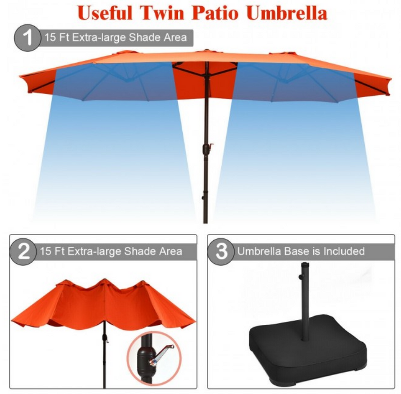 15 Ft Extra Large Patio Double Sided Umbrella with Crank and Base