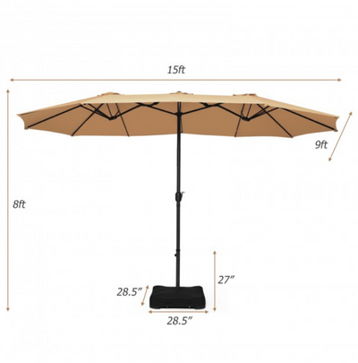 15 Ft Extra Large Patio Double Sided Umbrella with Crank and Base