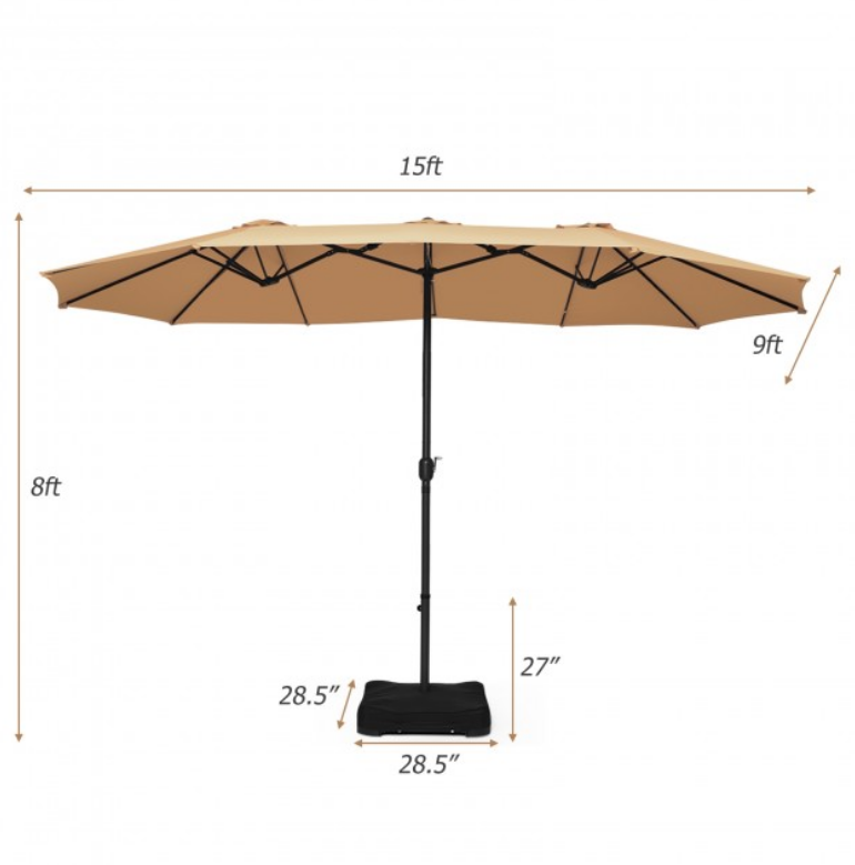 15 Ft Extra Large Patio Double Sided Umbrella with Crank and Base