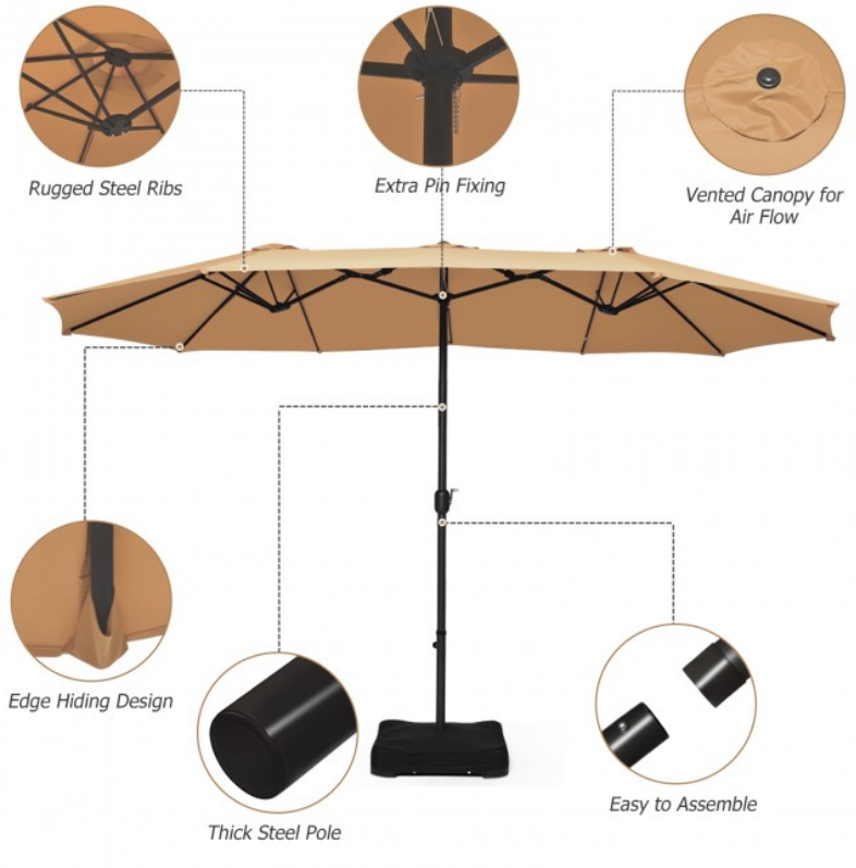 15 Ft Extra Large Patio Double Sided Umbrella with Crank and Base