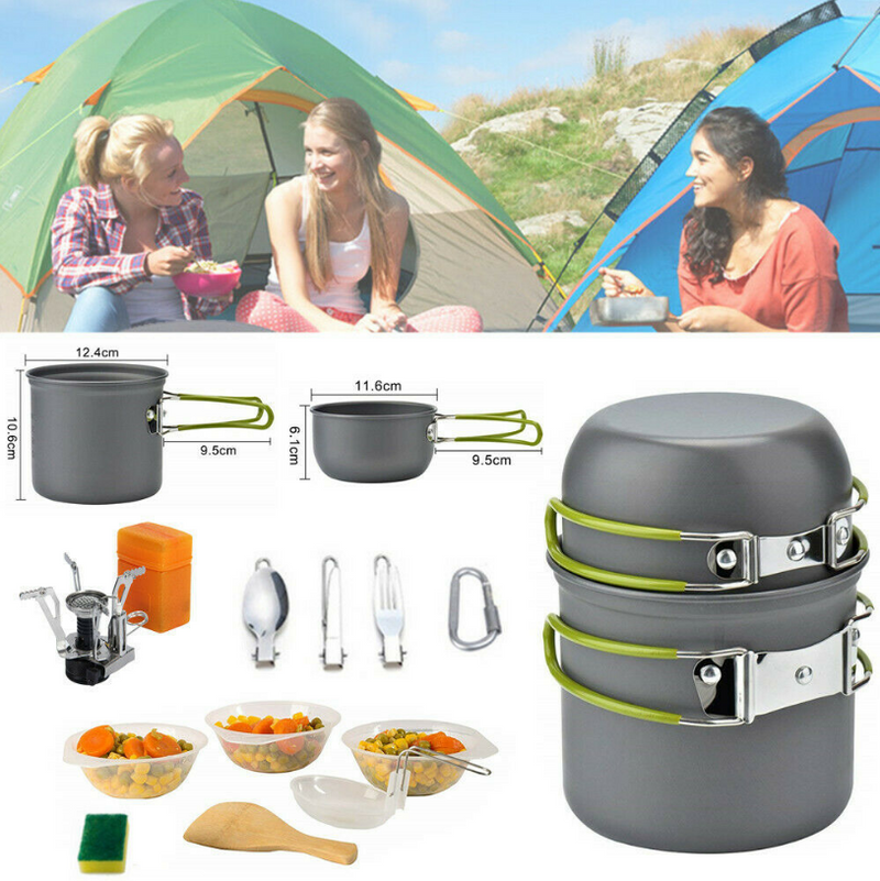 Portable Gas Camping Stove Butane Propane Burner Outdoor Hiking Picnic with Cookware Set