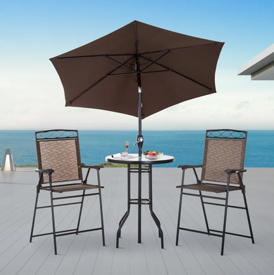 4 Piece Folding Outdoor Patio Pub Dining Table and Chairs Set with 6' Adjustable Tilt Umbrella