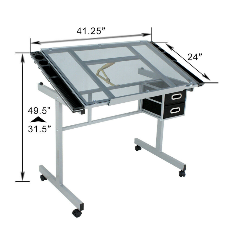 Adjustable Rolling Drawing Drafting Desk Table Tempered Glass Arts and Crafts Workstation