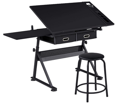 Drawing Drafting Table Artist Desk Tilting Tabletop Arts and Crafts Sketching Workstation with Storage Drawers and Stool