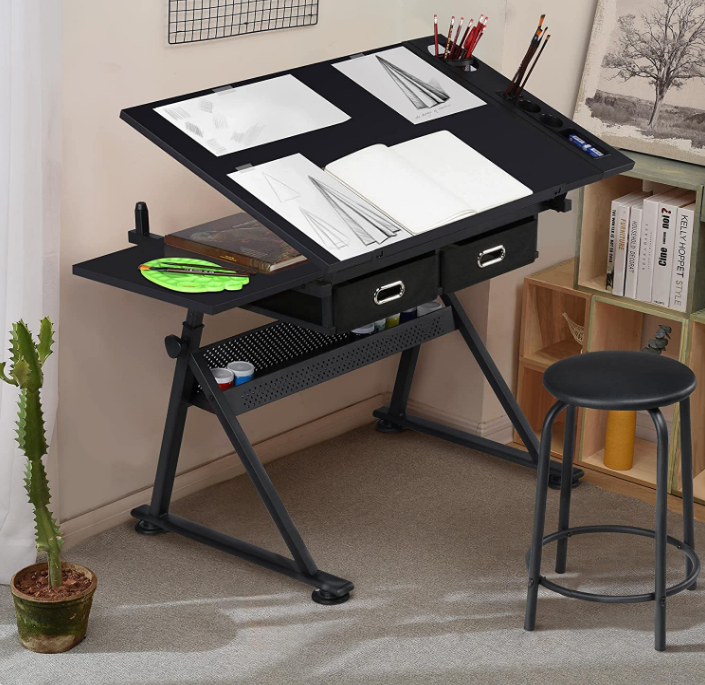 Drawing Drafting Table Artist Desk Tilting Tabletop Arts and Crafts Sketching Workstation with Storage Drawers and Stool